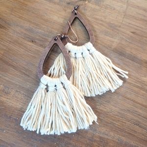 Wooden dangle earrings with string tassels